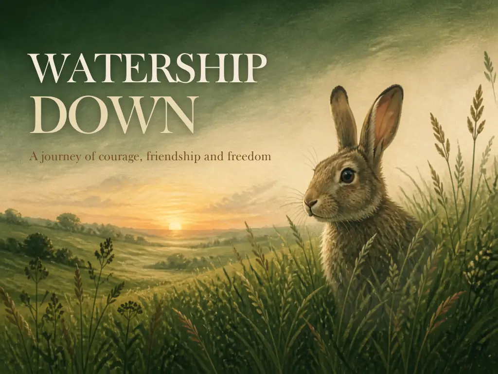 DVD cover for Watership Down, showing a silhouetted rabbit against a dusk sky of purple, orange and gold, sitting in tall grass with a lone tree in the background. The title appears in blue script at the top, with the cast list and a PG rating beneath the artwork.