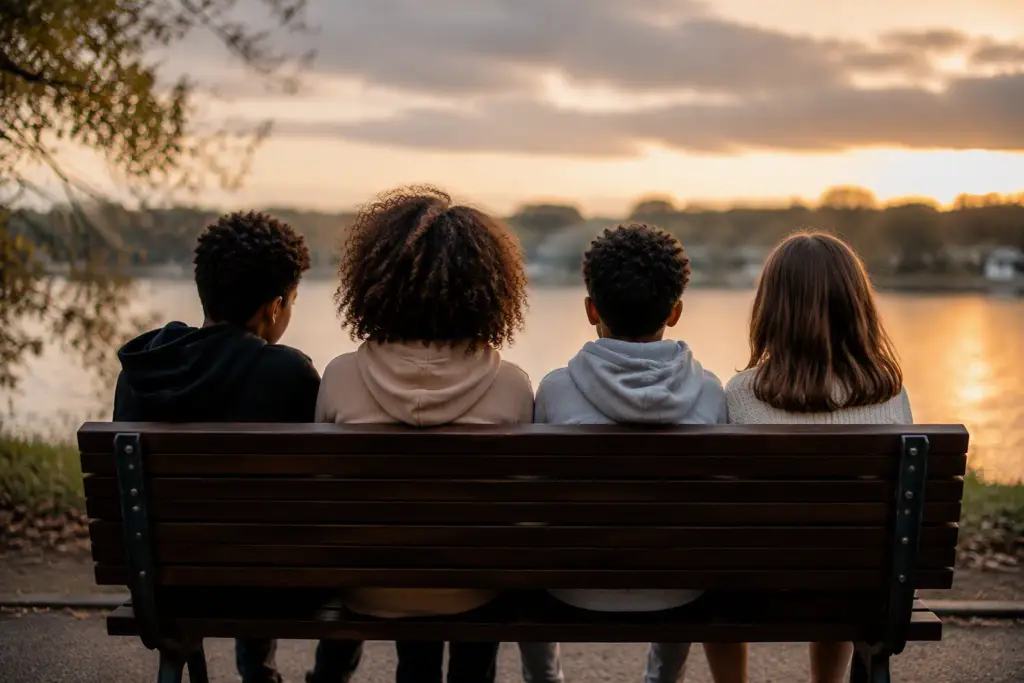 Four siblings sit together facing away from the viewer, looking out across the distance. The image symbolises shared childhood experiences and the different paths people take through life.