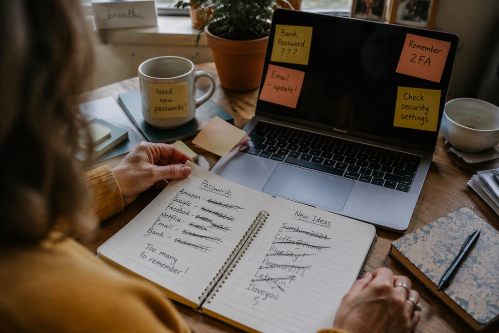 Person sitting at a desk reviewing handwritten password notes beside a laptop covered with reminders about security settings, password updates and two-factor authentication.