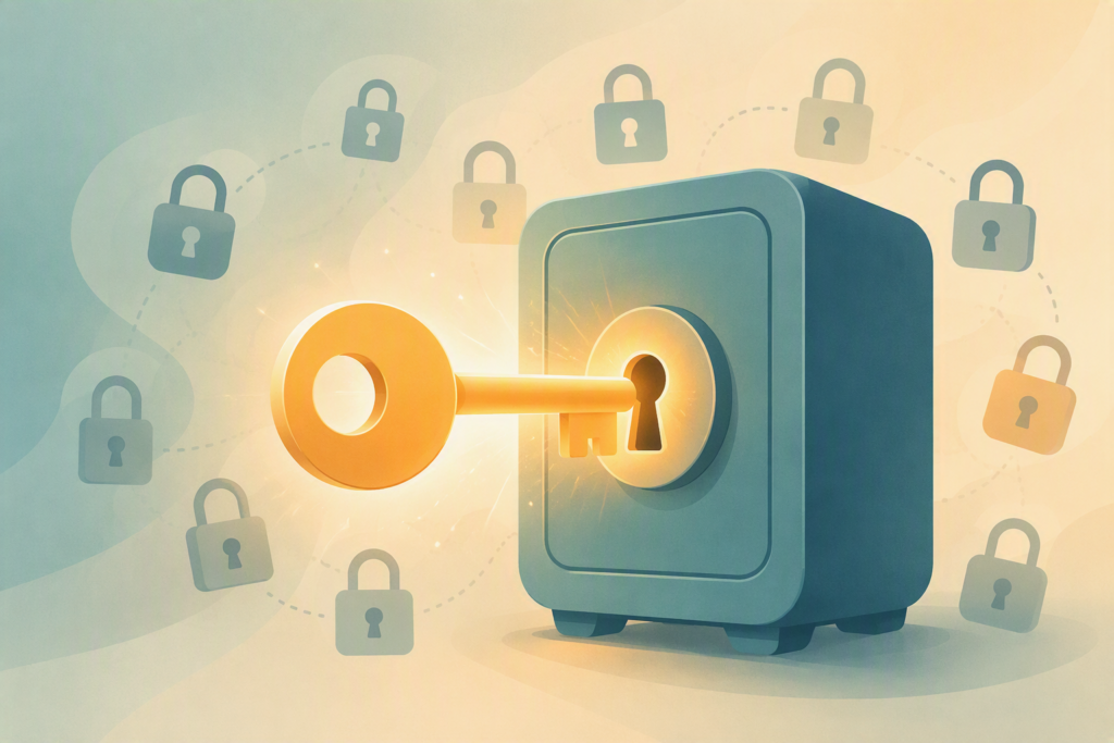Glowing key unlocking a secure vault, with multiple padlock icons representing simplified password management and online account security.