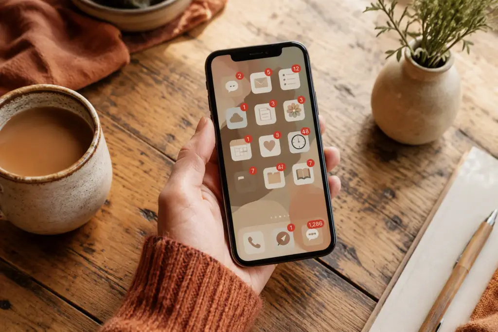 Overhead view of a hand holding a smartphone displaying a cluttered home screen filled with red notification badges across multiple app icons. One badge shows a particularly large count. The phone rests above a rustic wooden table with a coffee mug, notebook, and small plant visible around the edges. Warm morning light and soft, muted terracotta and cream tones create a cosy, lived-in atmosphere.